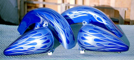blue on blue flames on motorcycle parts