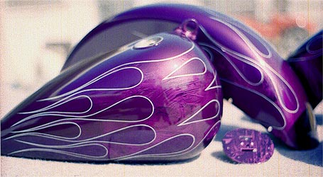 marbleized flames on candy purple motorcycle tank