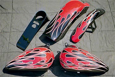 custom painted flames, red on black, motorcycle parts