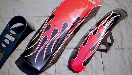 custom painted flames, red on black, motorcycle