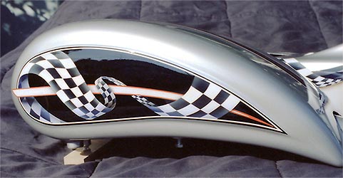 checkered flag graphic on motorcycle tank