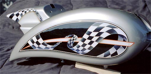 checkered flag graphic on motorcycle tank