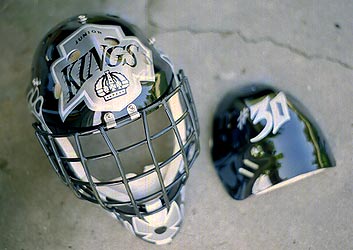 Hand lettered Kings logo on hockey helmet