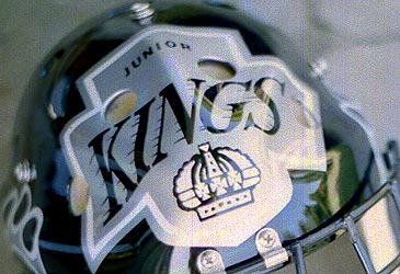 Hand lettered Kings logo on hockey helmet